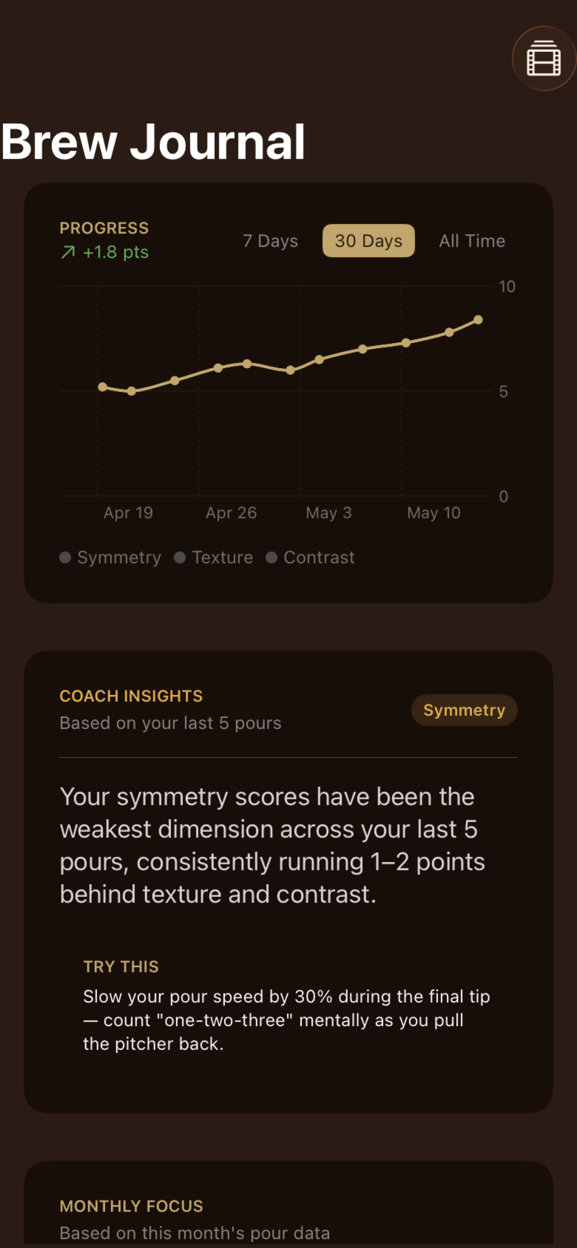 Crema Brew Journal showing score progression chart and personal bests