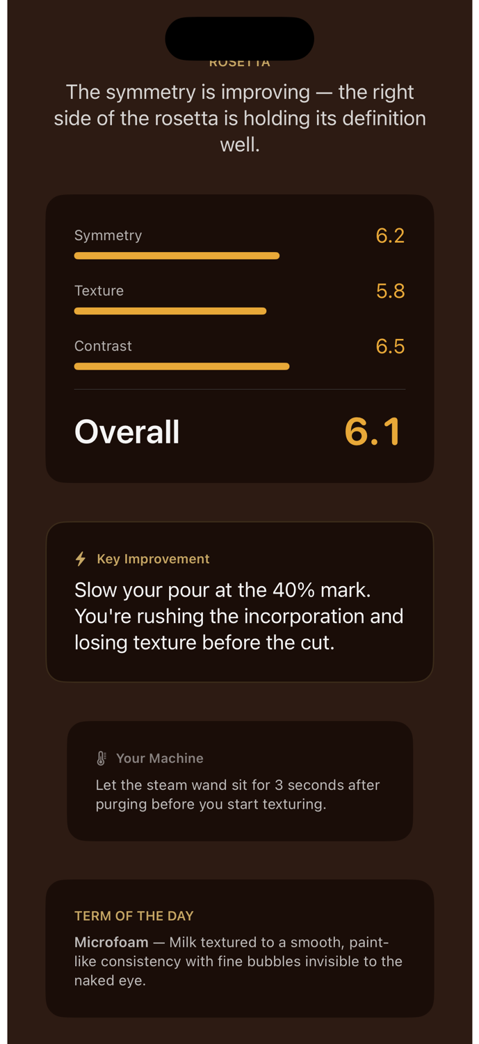 Crema feedback card showing a specific Key Improvement with actionable technique advice
